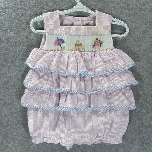 Petit Ami Baby Girls 9M Pink Seersucker Romper Bubble Smocked Beach  Ruffles - Picture 1 of 10